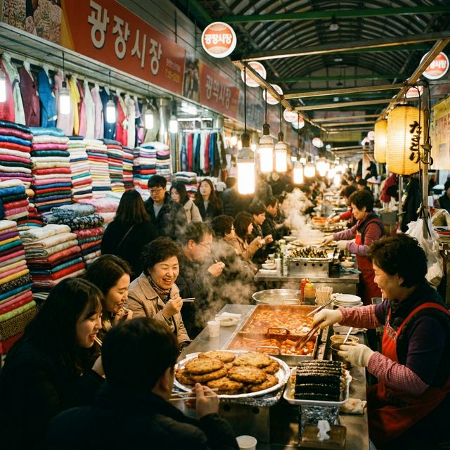 Gwangjang Market fabric and vintage section with colorful textiles and shoppers