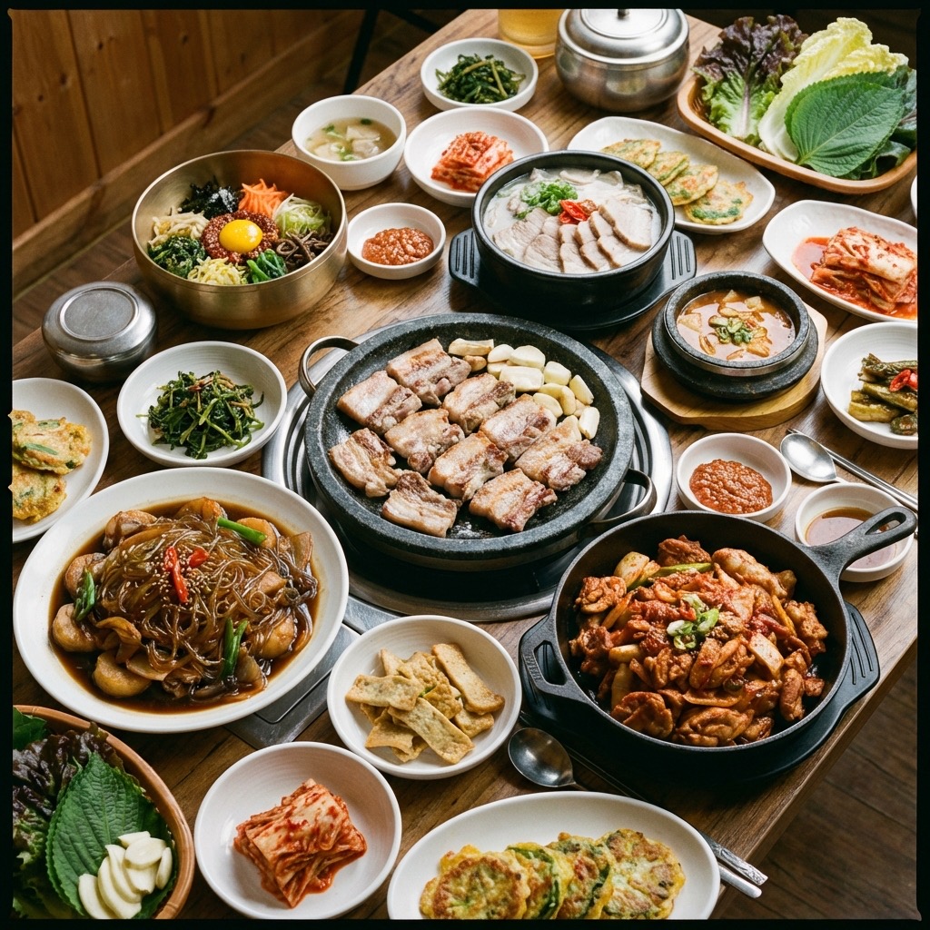 Korean regional food spread including bibimbap, dakgalbi and regional specialties from multiple cities