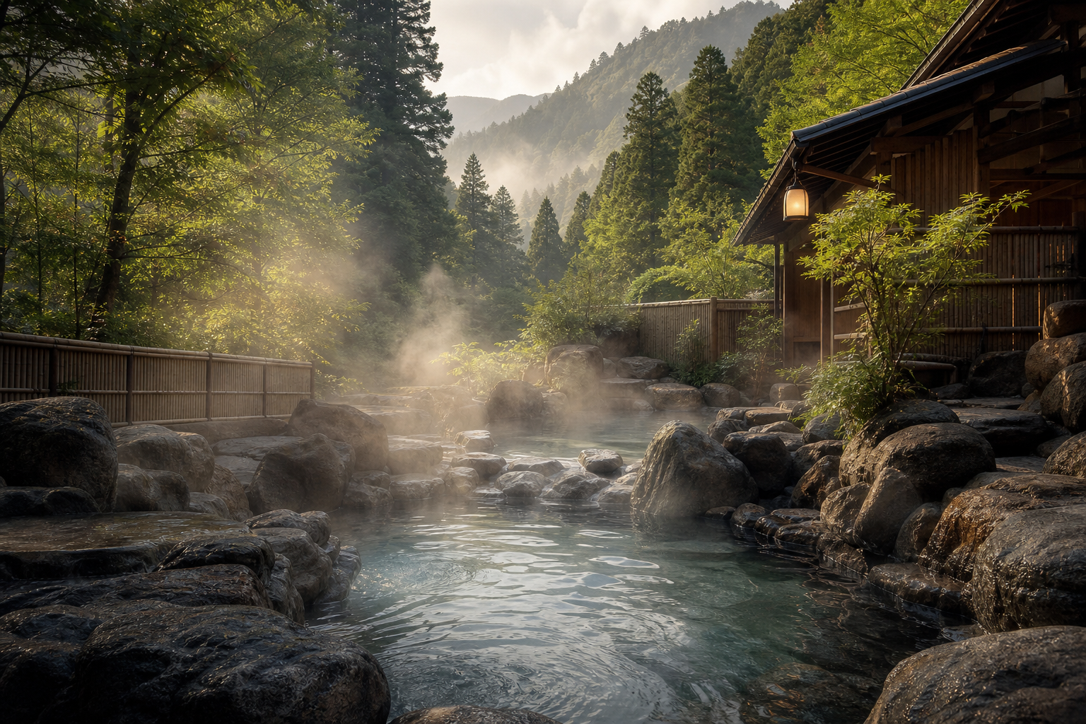 A quiet Japanese mountain hot spring with steam rising and a rustic ryokan in the distance