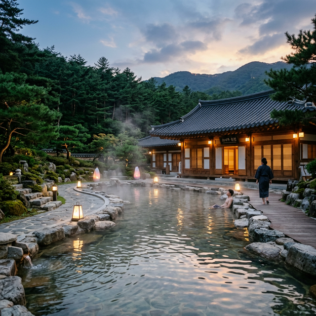 Serene Korean Hot Spring in Winter with Traditional Architecture