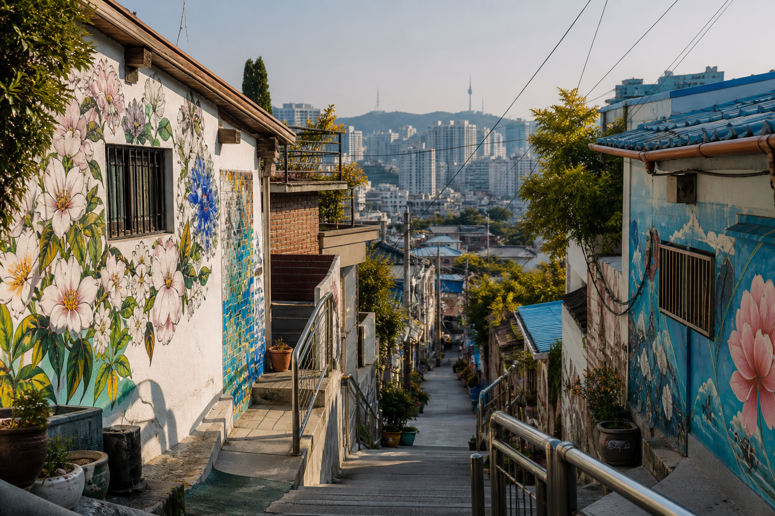 Street art and stairways in Ihwa Mural Village, Seoul