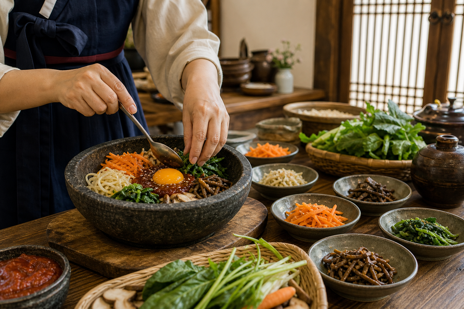 Jeonju bibimbap cooking experience in a traditional setting