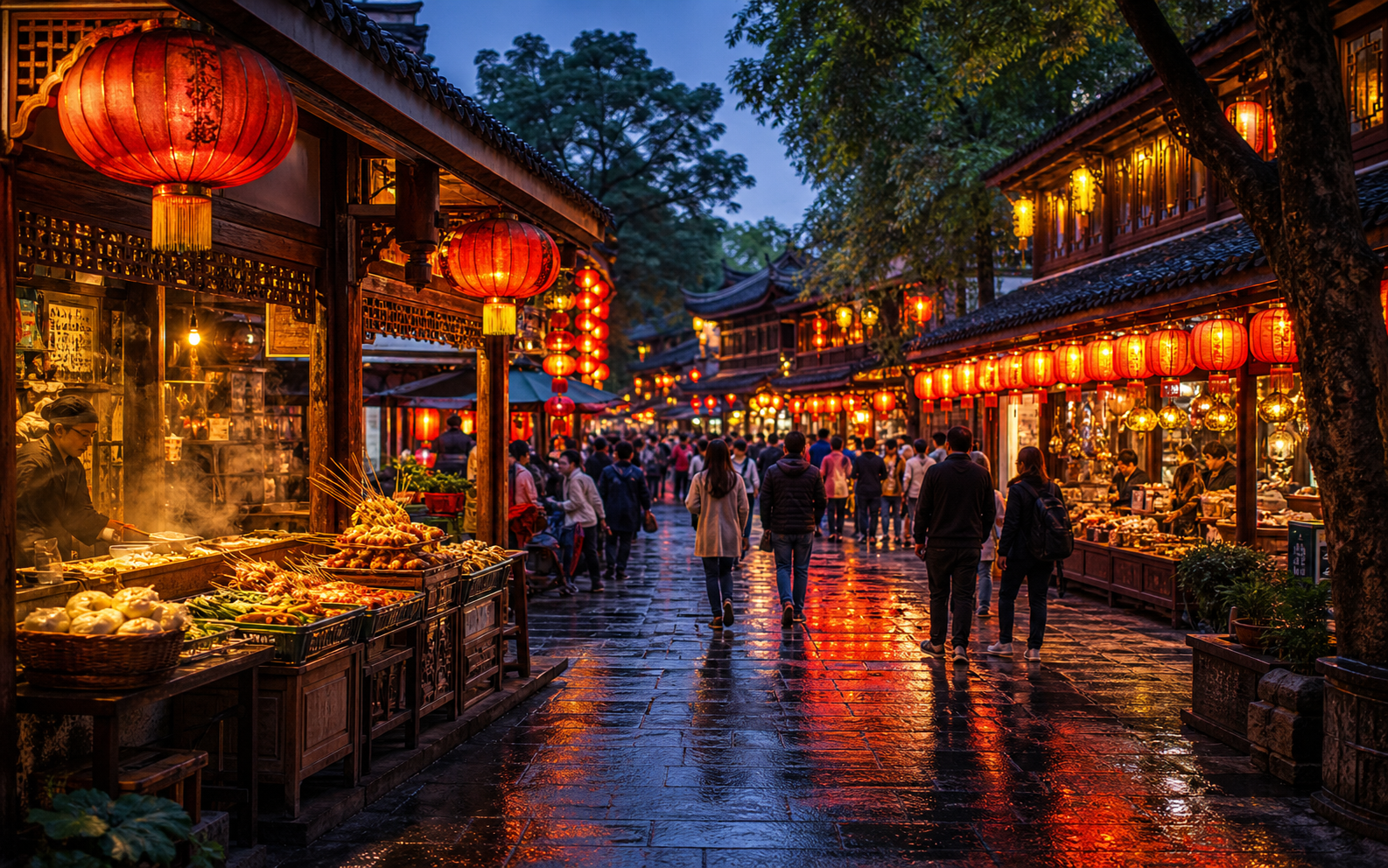Lantern-lit lanes, snack stalls, and shopfronts at Jinli Ancient Street in Chengdu