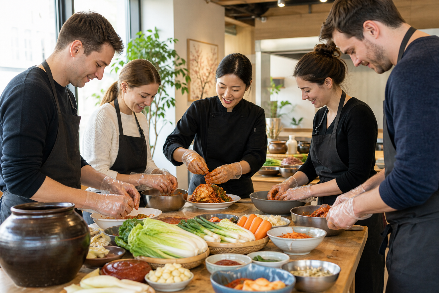 Kimchi making class in Seoul with ingredients laid out on a table