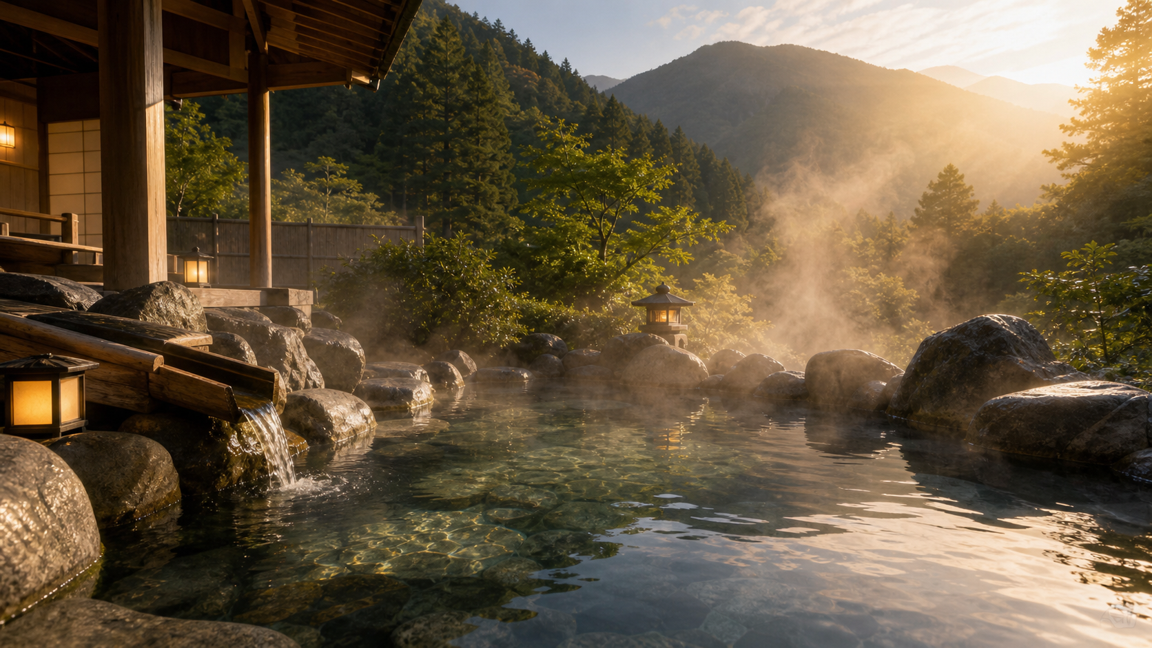 Open-air rotenburo with steam rising against a mountain backdrop