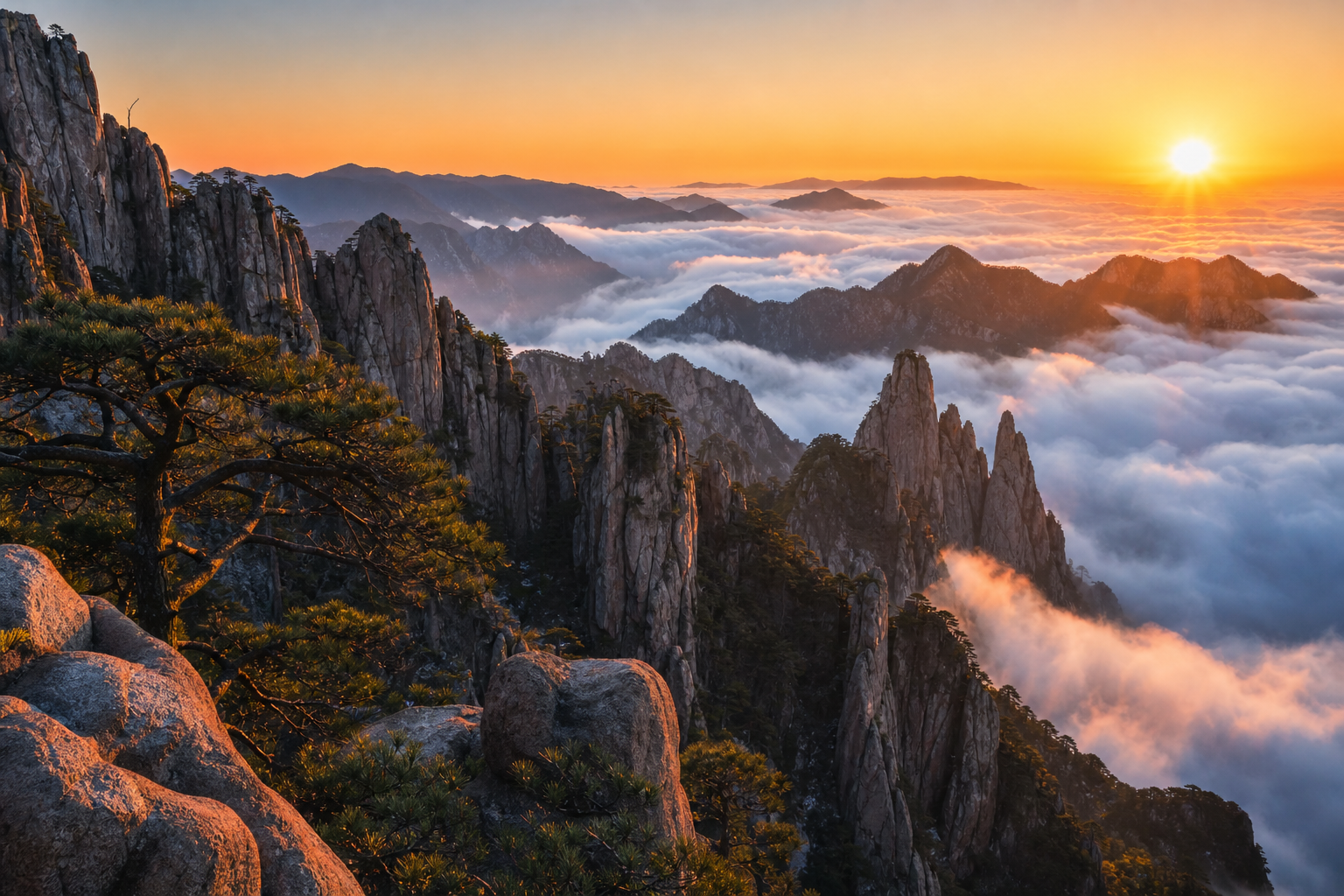 Yellow Mountains sunrise panorama with peaks, cloud layers, and a camera-ready foreground