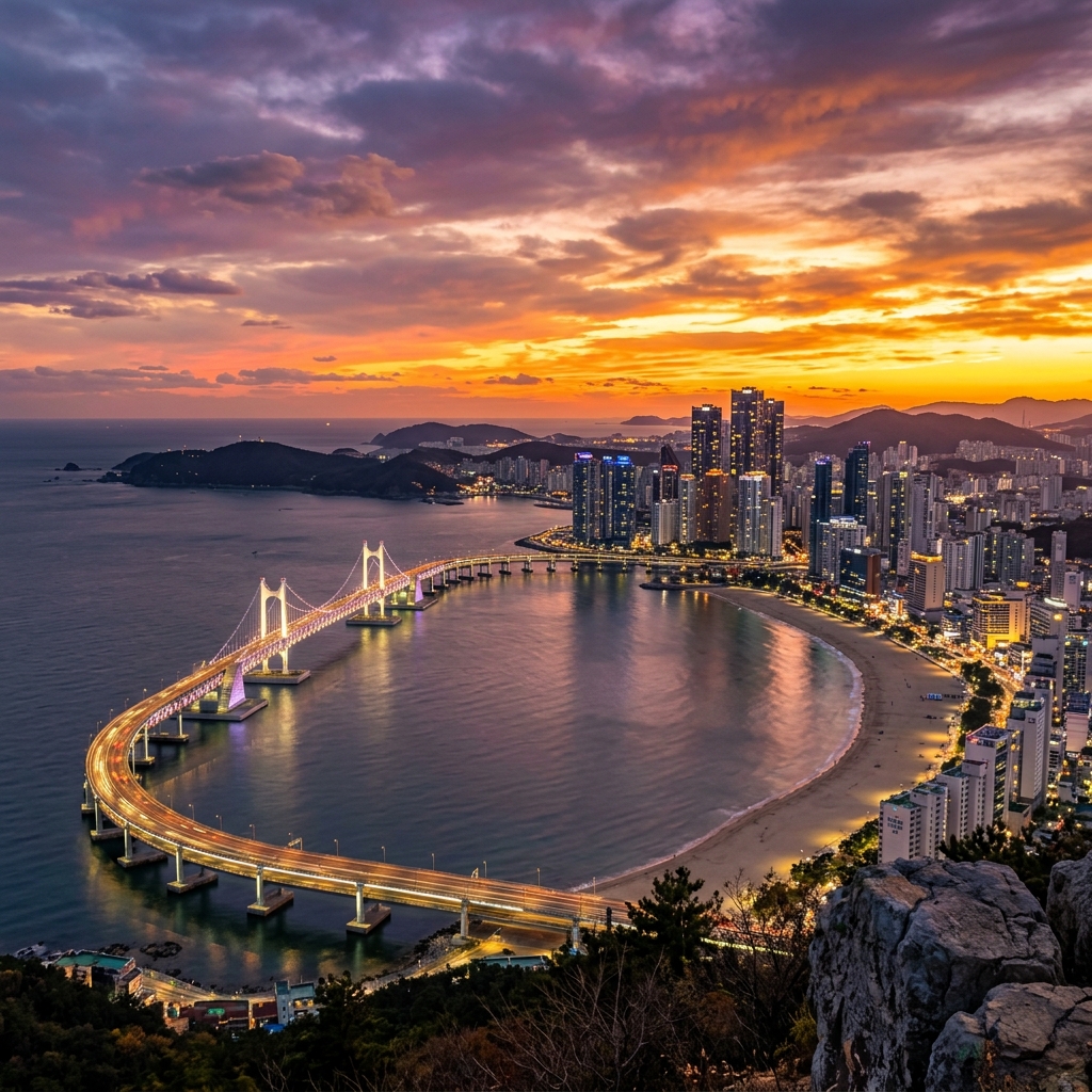 Golden Hour Sunset Over Busan Gwangan Bridge