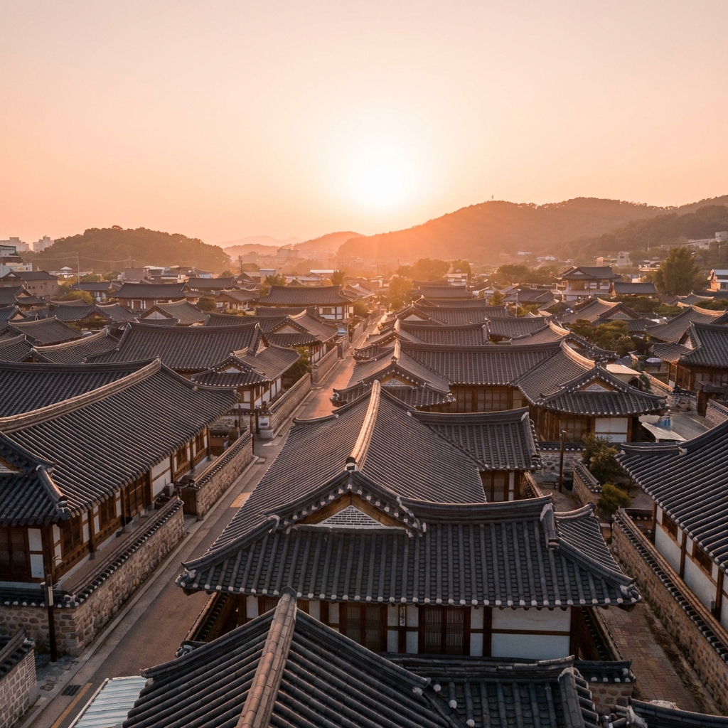 Traditional hanok rooftops and curved black tiles in Jeonju Hanok Village Korea