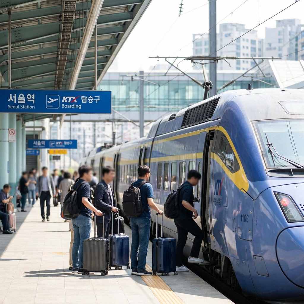 KTX high-speed train at a Korean station platform ready for boarding