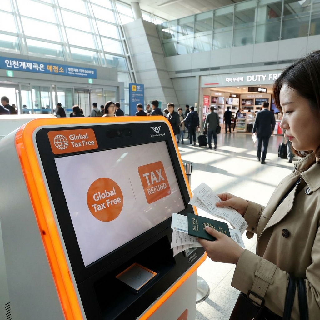 Korean tax refund receipt and passport at shopping counter for tourist VAT refund