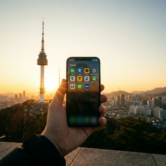 Smartphone apps for traveling in South Korea arranged on a phone screen