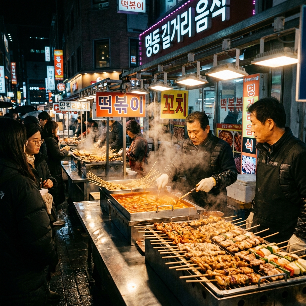 Colorful stalls and crowds at a traditional Korean market with street food vendors and textile shops