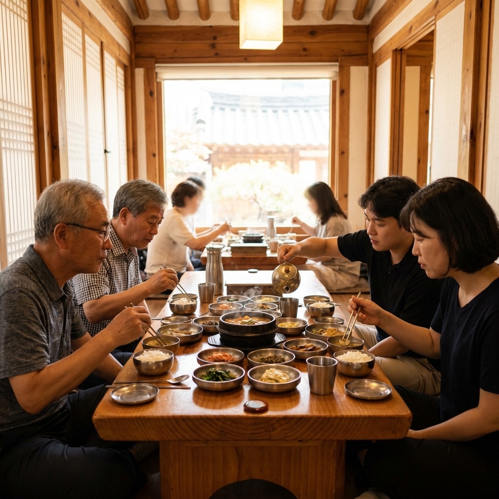 A traditional Korean table setting with banchan side dishes, rice, soup, and metal chopsticks arranged for a communal meal