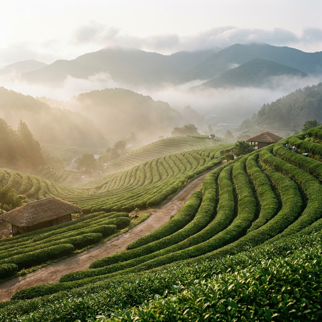 Korean tea ceremony table with teapot, cups and green tea being poured in a traditional setting