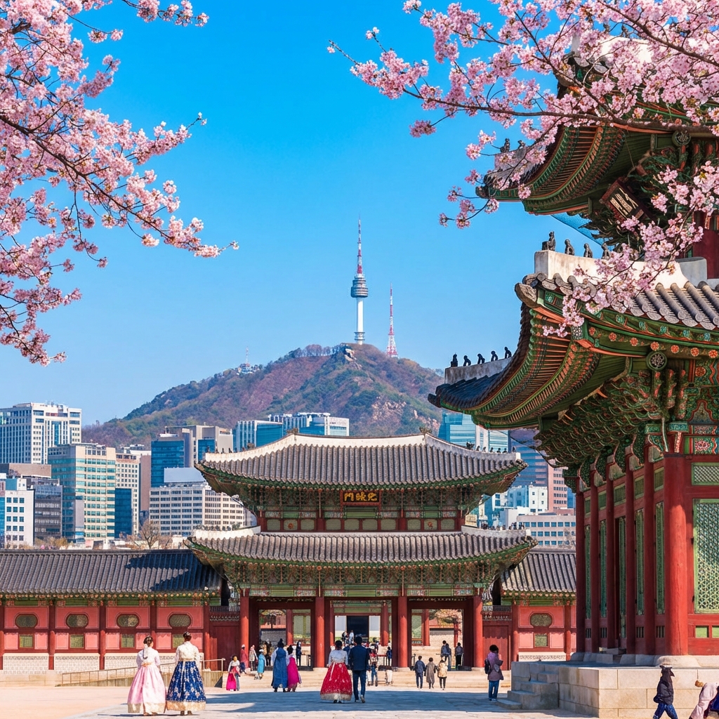 Seoul cityscape at night with Han River and illuminated city towers from Namsan Mountain