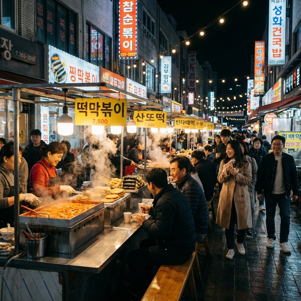 Seoul street food stalls at night with tteokbokki, fish cake skewers and crowds of visitors